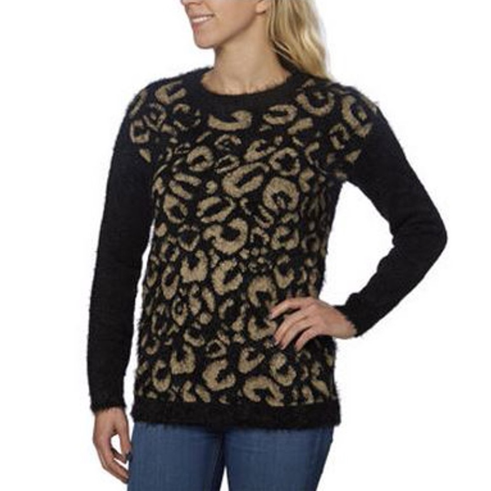 Joseph A. Black Leopard Print Eyelash Long Sleeve Pullover Sweater Women’s Sz L